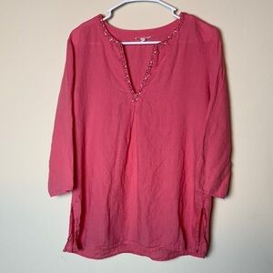 Eileen Fisher coastal Coral Pink 100% Irish Linen Sequin V-Neck Boho Tunic Top L
